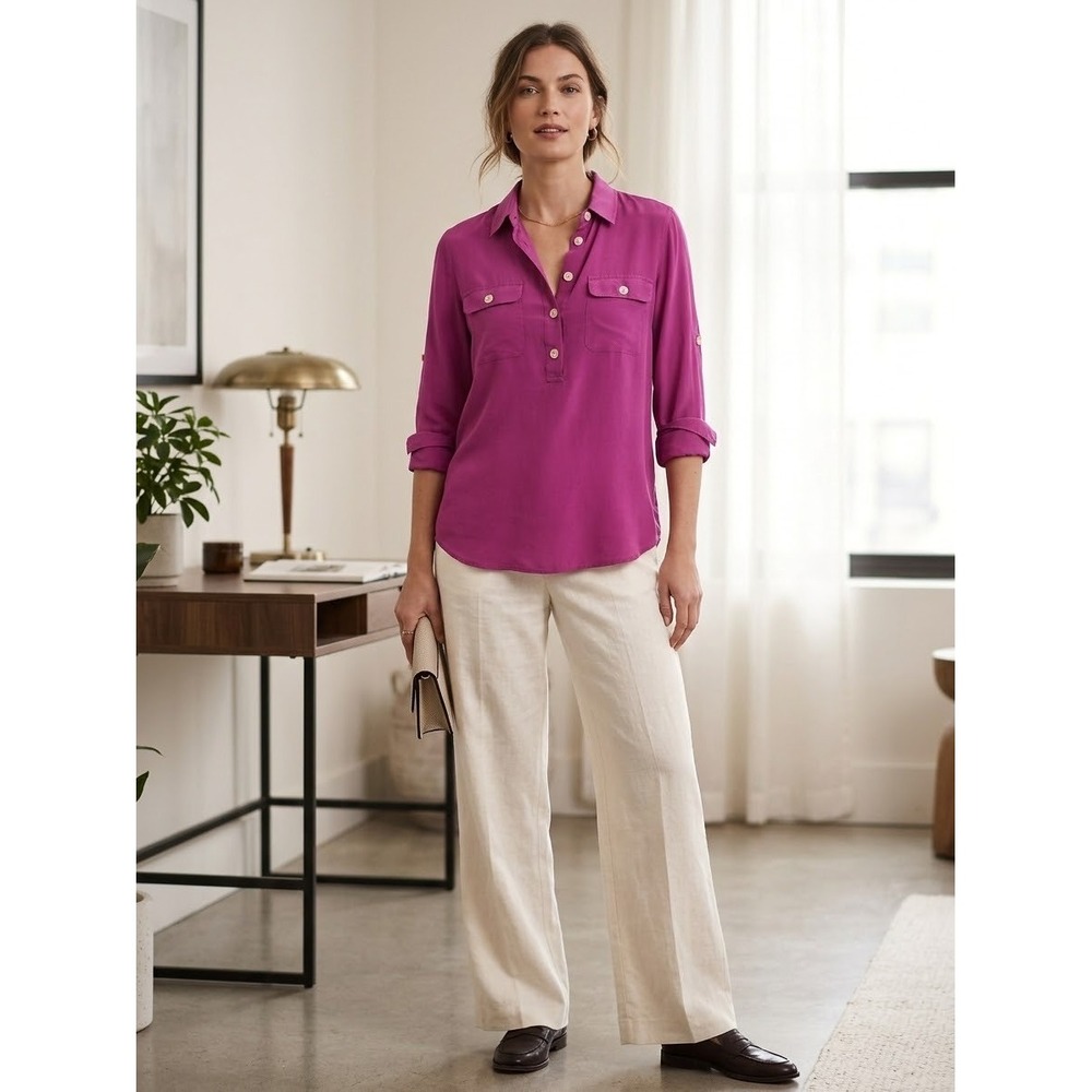 Banana Republic Magenta 100% Silk Utility Blouse Long Sleeve Roll Tab Medium